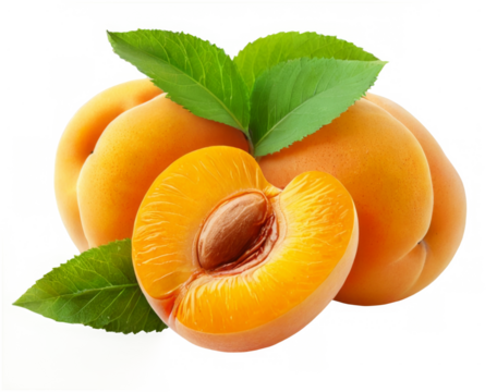 Three whole apricots green leaf top apricot center Delicious with leaves