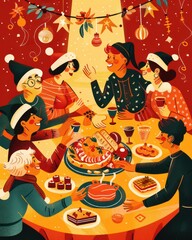 A festive illustration capturing a group of friends and family gathered around a large table full of holiday treats