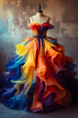 Fototapeta premium A colorful dress on a mannequin in front of a wall
