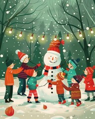 A group of cheerful children building a snowman under glowing string lights illustration