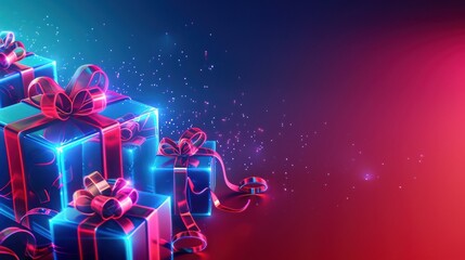 A holographic Christmas card featuring glowing presents illustration