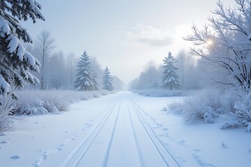 Fototapeta premium Winter background, snow, forest, winter landscape, and trees. Cold winter day, beautiful hoarfrost
