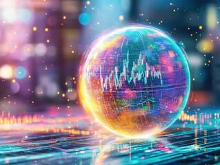 Obraz premium Digital globe surrounded by floating stock market graphs and data streams, glowing with vibrant colors and representing global financial interconnectivity