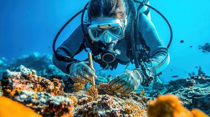 Diver planting coral fragments to restore reef ecosystem at tropical location underwater action marine environment conservation concept