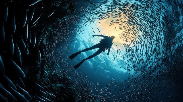 Diver surrounded by underwater vortex of fish ocean depths photography marine environment upward view nature's beauty
