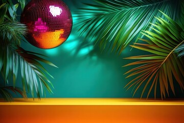 Vibrant Tropical Disco Party Scene with Reflective Disco Ball and Lush Palm Leaves