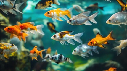 Naklejka premium A group of colorful, diverse fish swimming in a clear aquarium, Symbolizing the beauty of diverse ecosystems