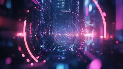 Fototapeta premium Abstract digital tunnel with vibrant neon lights and futuristic elements.