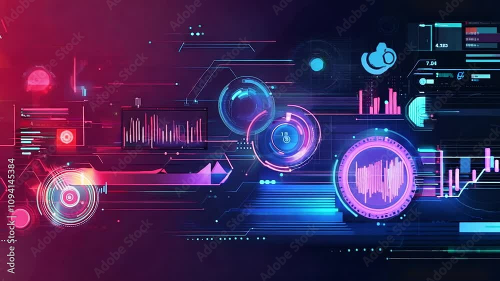 Wall mural abstract digital technology background with glowing icons and data visualizations