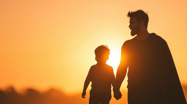 A child holds hands with a superhero silhouetted against a stunning sunset, evoking a sense of adventure and magic in the air