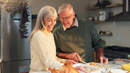 Happy, senior couple or cooking for thanksgiving, food or festive holiday in home for love....