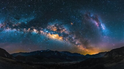 Naklejka premium The vibrant Milky Way galaxy stretches across the night sky, casting a glow over tranquil mountain scenery as twilight descends