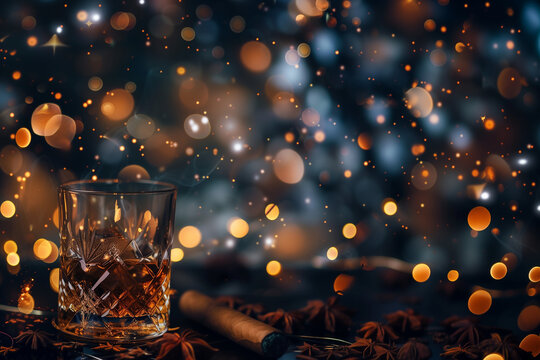 Verre de whisky en cristal et cigare sur une table, d&eacute;cor chaleureux avec lumi&egrave;res bokeh dor&eacute;es, ambiance festive et &eacute;l&eacute;gante pour soir&eacute;es ou c&eacute;l&eacute;brations, no&euml;l, nouvel an