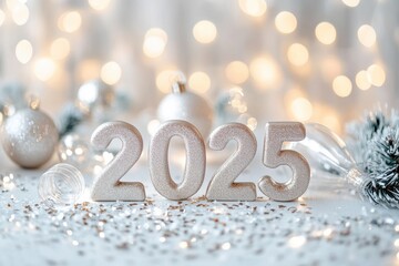 New Year Celebration 2025 Festive Background with 2025 Decorations Confetti Champagne Flute