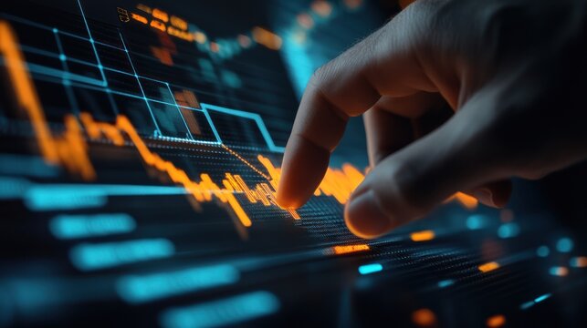 A hand interacting with a digital interface displaying data and analytics.