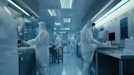 Naklejka premium A sterile laboratory environment with personnel in protective suits conducting scientific work.