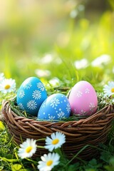 Fototapeta premium Easter Basket with Colorful Eggs and Daisies in Green Grass on a Sunny Day