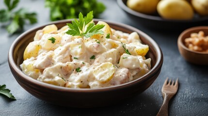 A bowl of creamy potato salad garnished with parsley, surrounded by fresh ingredients.