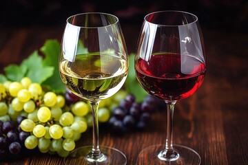 Red and White Wine Glasses with Grapes on Wooden Table