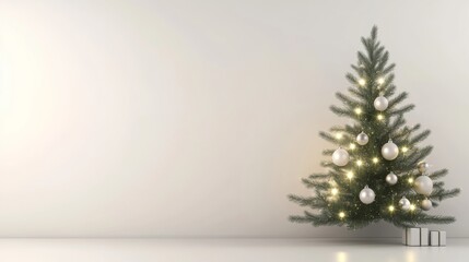A minimalist modern Christmas tree design, featuring sleek metallic ornaments and white fairy lights