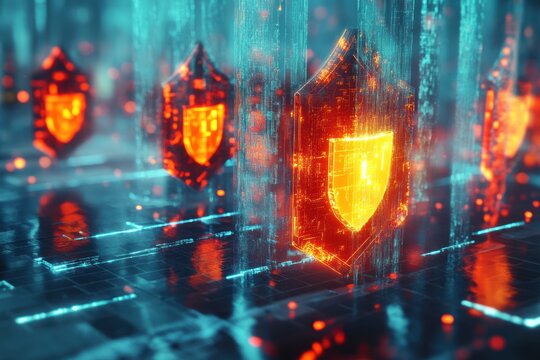 Here's a possible  and keyword list for your stock photo.. Glowing digital shields represent cybersecurity protection in a futuristic data stream.