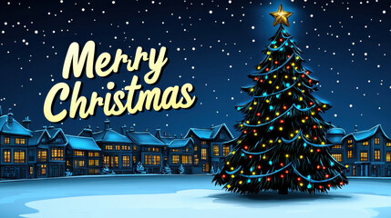 Merry Christmas with decorated tree and snowy village scene, creating festive atmosphere. Celebrate joy of season!