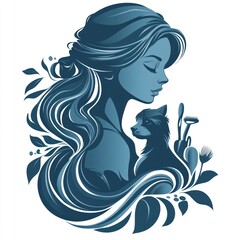 A stylized illustration of a woman with long hair and a cat surrounded by plants.