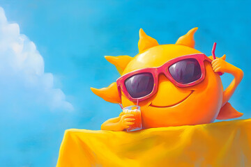 A cheerful sun character wearing sunglasses, enjoying a drink on a bright, sunny day.