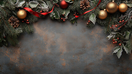 Festive Victorian style Christmas frame with gold ornaments,pine cones and evergreen branches colored background.Vintage Victorian background for holiday cards,invitations or any holiday decorations