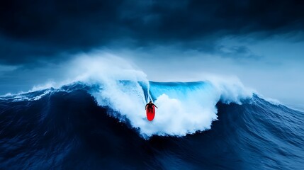 Surfer Rides Giant Ocean Wave, Dramatic Stormy Seascape