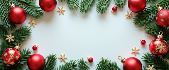 Top view of festive red and gold Christmas ornaments fir tree branches and shimmering snowflakes with ample copy space for your seasonal message.