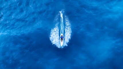 Obraz premium Aerial View of Surfer on Paddleboard, Ocean Waves, Blue Water
