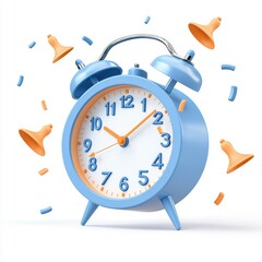 A blue alarm clock with bells is depicted, surrounded by colorful confetti, symbolizing time, alerts, and celebration.