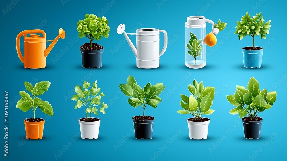 Poster a collection of 15 outline icons featuring growth concepts such as seedlings watering cans and leave