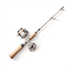 A fishing rod with a spinning reel, featuring a wooden handle and metal components, ideal for anglers seeking a reliable fishing experience.