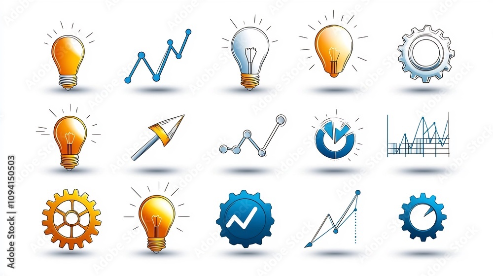 Leinwandbilder Stylish icon set that symbolizes business progress growth and development  This collection includes icons representing gears graphs lightbulbs