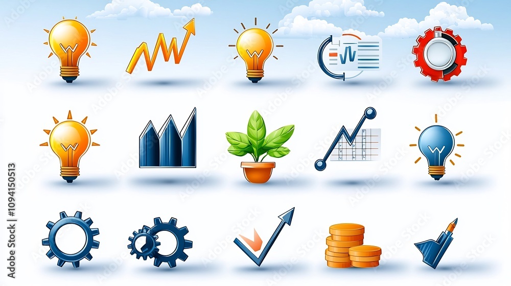 Poster Set of 15 Stylish Line Icons Illustrating Business Growth Progress and Development Concepts Including Gears Graphs and Lightbulbs