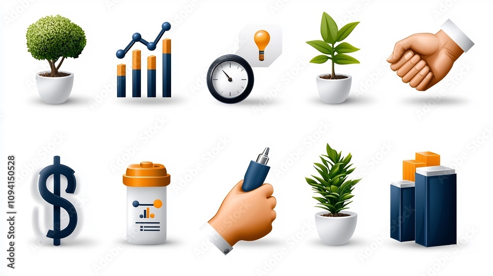 Poster a curated set of simple icons highlighting key business growth concepts such as bar charts targets a