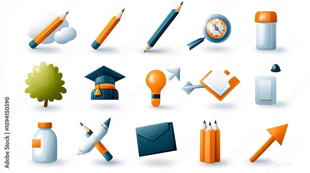 Poster A collection of 15 minimalist icons that depict various elements related to growth development and education such as pencils diplomas and arrows  The icons feature a clean modern line style design