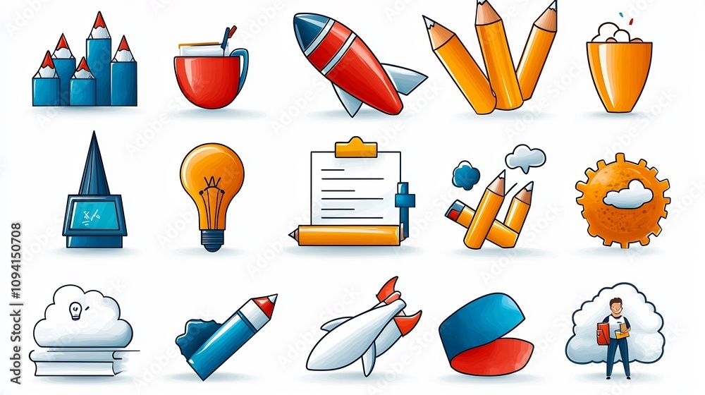 Poster set of 15 clean line style icons featuring workshop training and partnership concepts for business g