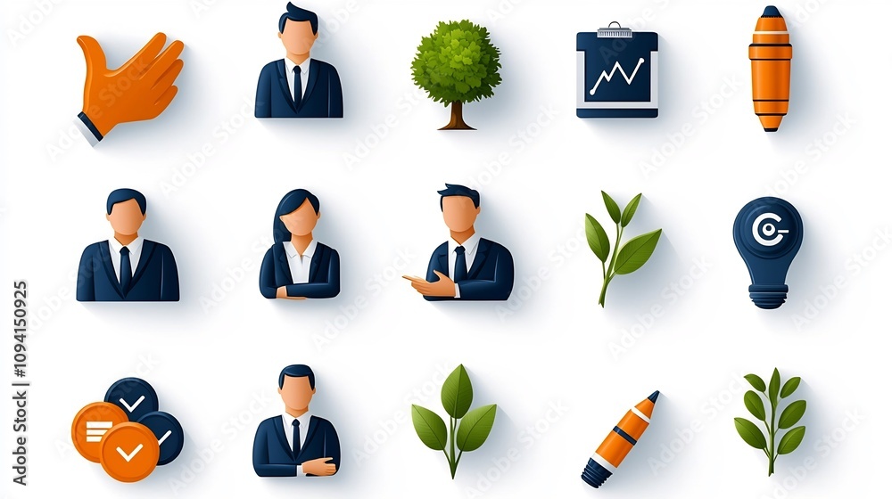 Poster Set of 15 minimalist icons illustrating various concepts related to business growth teamwork training and strategy workshops  The icons feature a linear