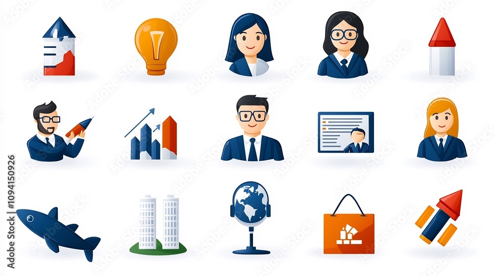 Aufkleber set of minimalistic icons illustrating concepts of business growth teamwork training and strategic w