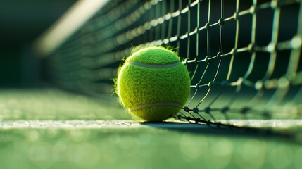 A pivotal moment in a tennis grand slam tournament, with a tennis ball captured in sharp focus just above the net