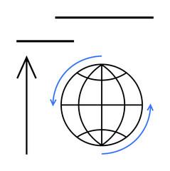 Globe encircled by blue arrows next to vertical and horizontal lines indicating connectivity, movement, and direction. Ideal for technology, networking, global communication, logistics, travel