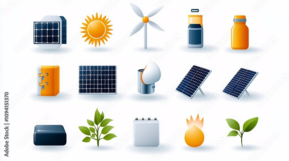 Poster collection of 15 minimalist outline icons representing various solar power and renewable energy conc