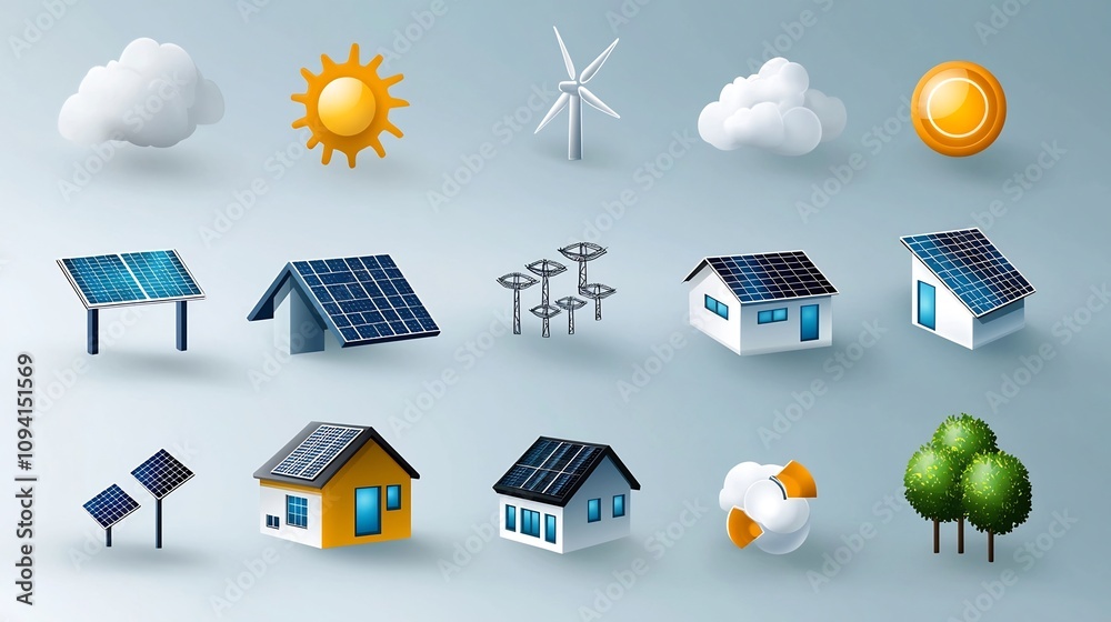 Poster set of 15 outline icons showcasing various aspects of solar energy utilization including sunlight ca