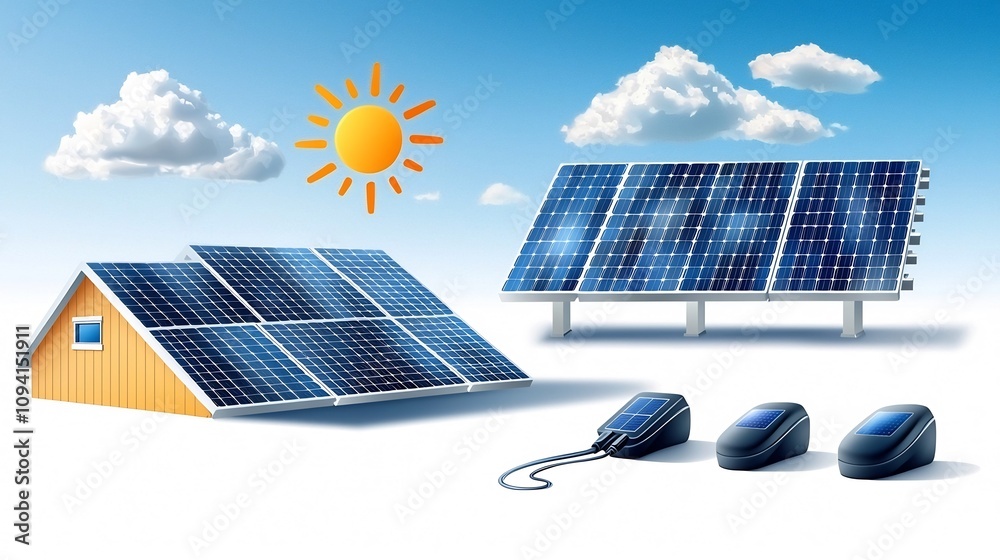 Poster Comprehensive set of solar energy icons in a linear minimalist design style depicting various components and systems for renewable power solutions including rooftop panels solar chargers