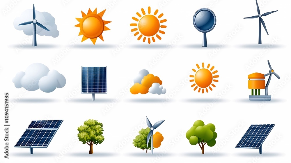 Poster set of 15 minimalist linear icons representing various elements of solar energy infrastructure and r