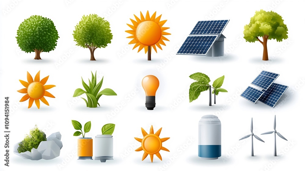 Poster set of 15 linear icons related to solar energy conversion renewable power green infrastructure the i