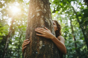 Woman Hugging Tree in Lush Forest for Love of Nature, Environmental Protection, and Climate Change Awareness